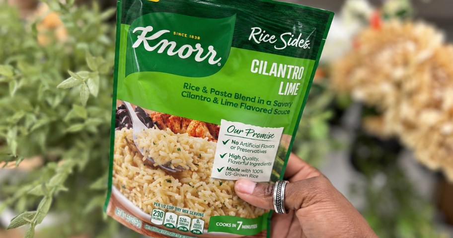 hand holding up a pack of Knorr Cilantro Lime Rice Sides