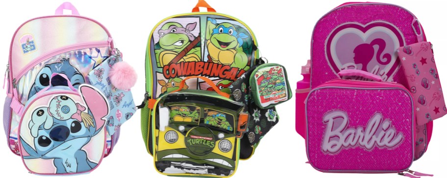 stitch, tmnt, and barbie backpack sets in a row