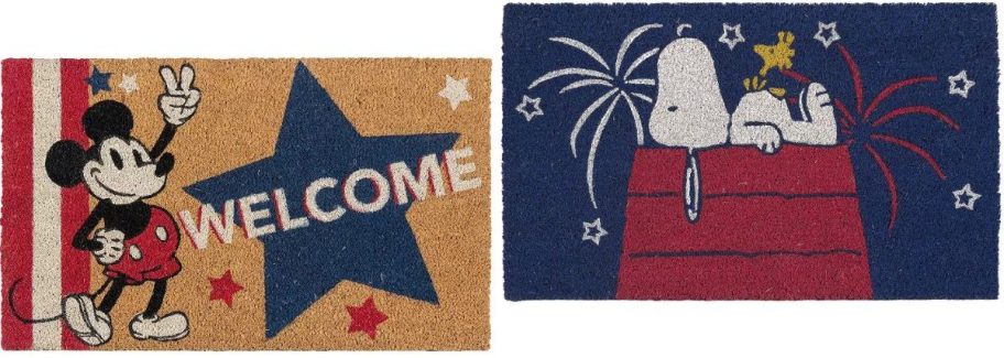 Stock images of two Kohl's Doormats featuring Mickey Mouse and Snoopy