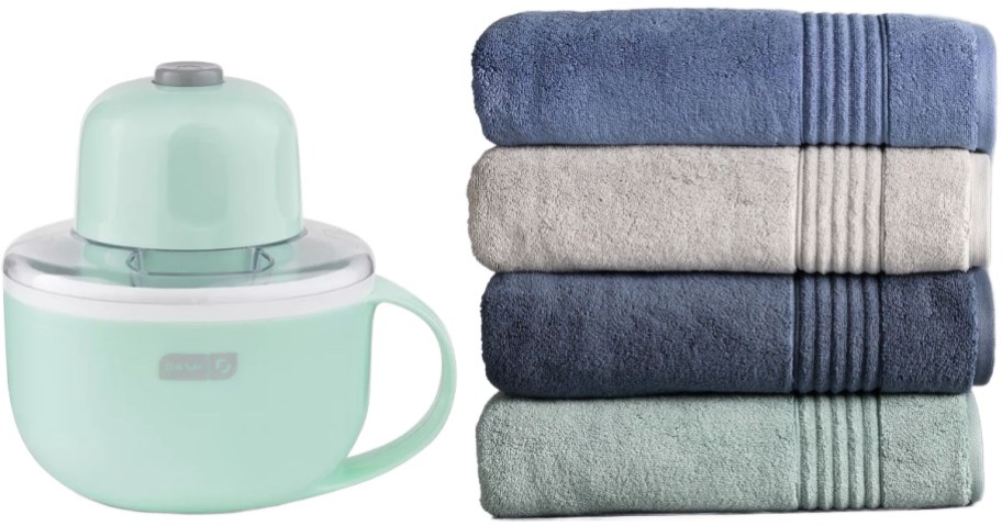 Dash MyMug Ice Cream Maker and a stack of 4 Vera Wang Bath Towels