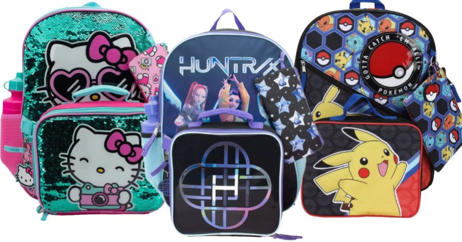 Stock images of 3 Kids 5-Piece Backpack sets featuring Hello Kitty, KPop Demon Hunters and Pokemon