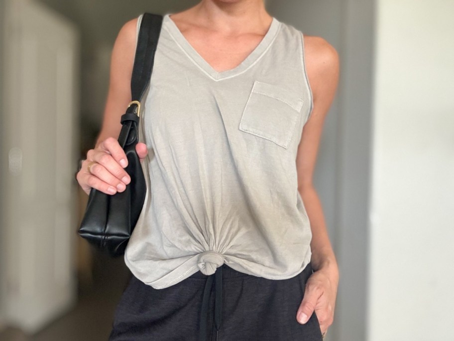 a woman in a vneck pocket tank