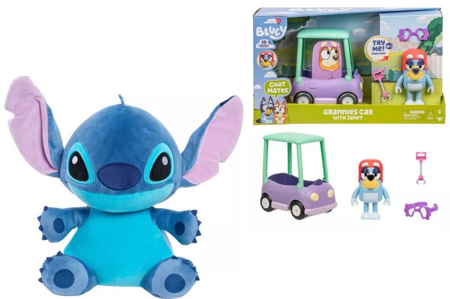 Stock images of weight Stitch plush and Bluey Grannie Car toys