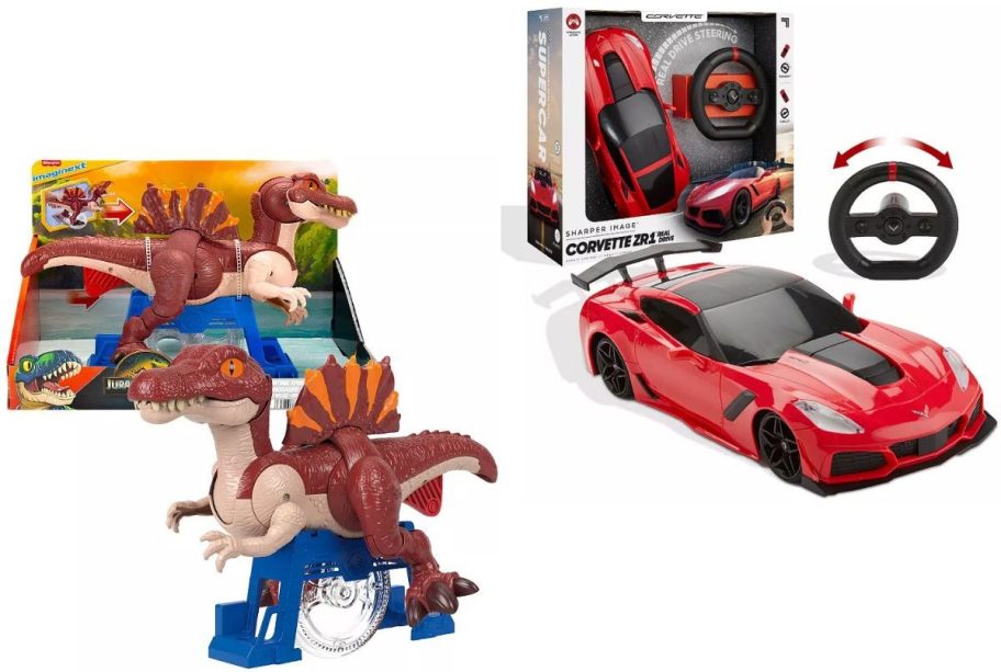 Stock images of an Imaginext Dino toy and Sharper Image remote control race car