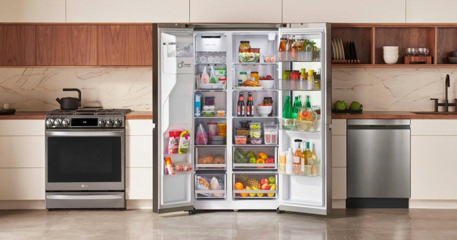 stainless steel fridge, range, and dishwasher in a kitchen