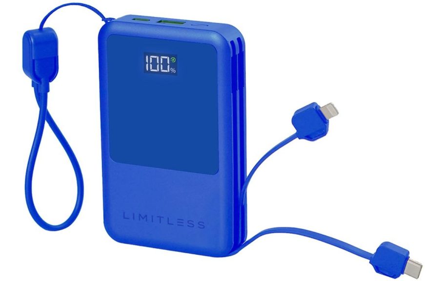 A blue Limitless Power Bak with cables built into it