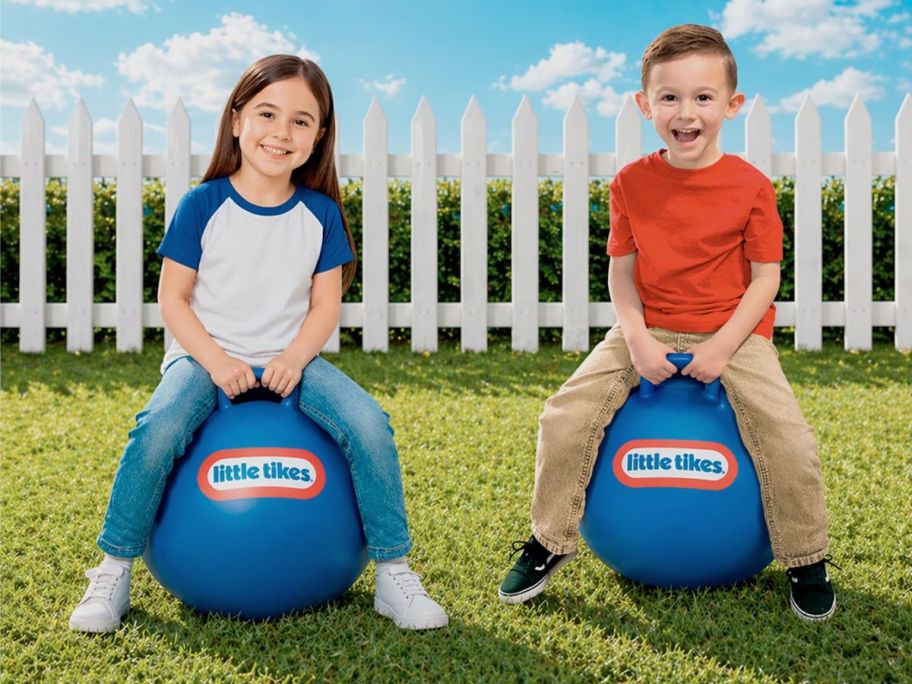 Two kids on Little Tikes 18" Hopper Bouncer w/Pump