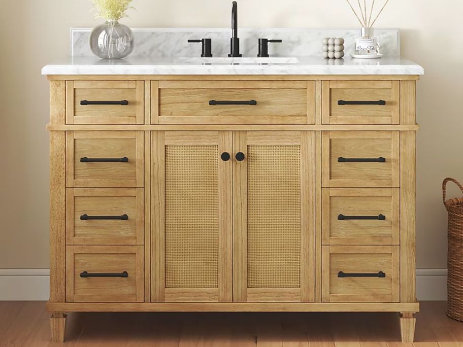 allen + roth Wallister 48-in Golden Oak Undermount Single Sink Bathroom Vanity with White Natural Marble Top