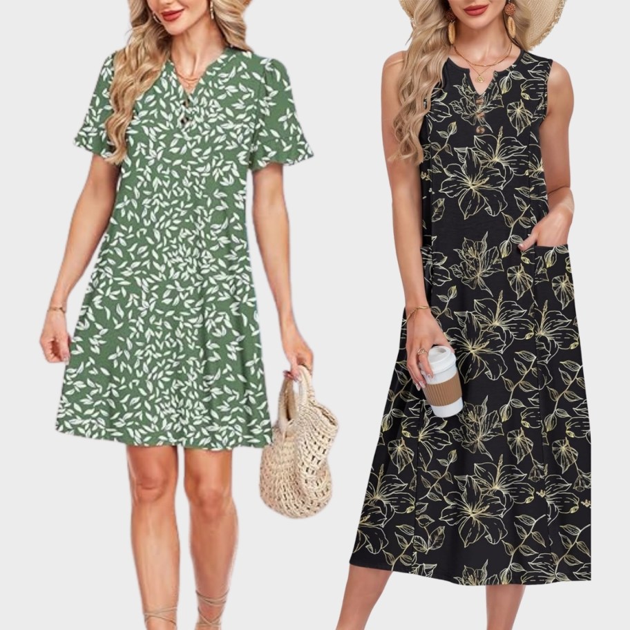 a woman in a midi dress and a woman in a maxi dress