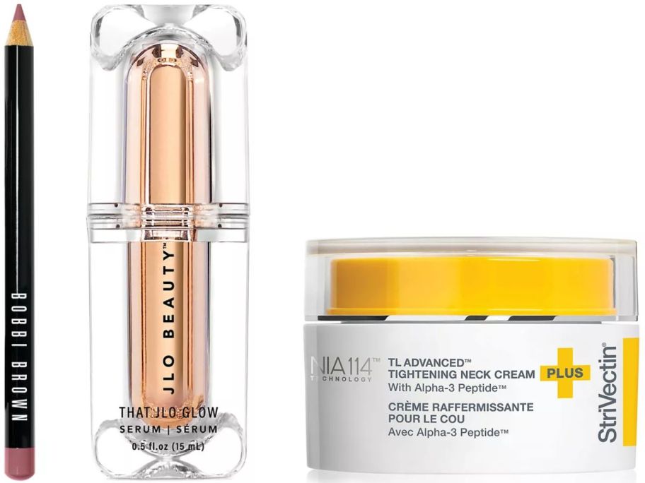 Stock images of Bobbi Brown Lip Liner, JLo beauty Serum and Strivectin Neck Firming Cream