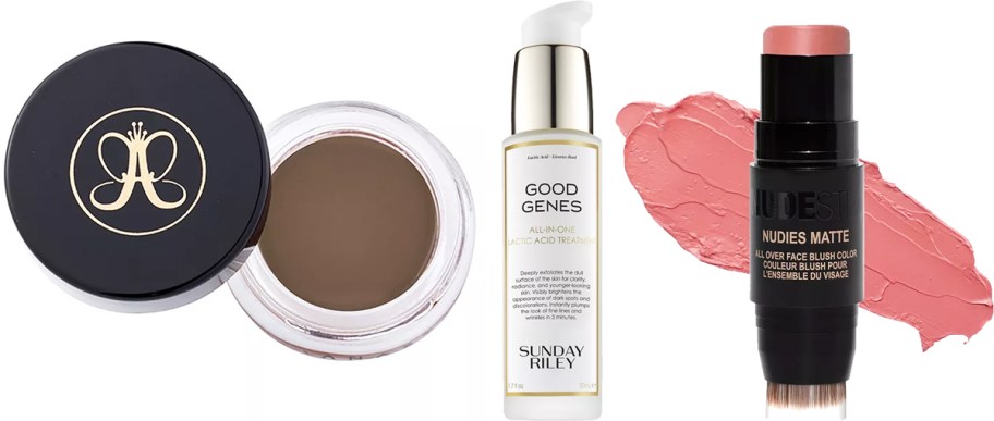 brow pomade, facial serum, and blush stick
