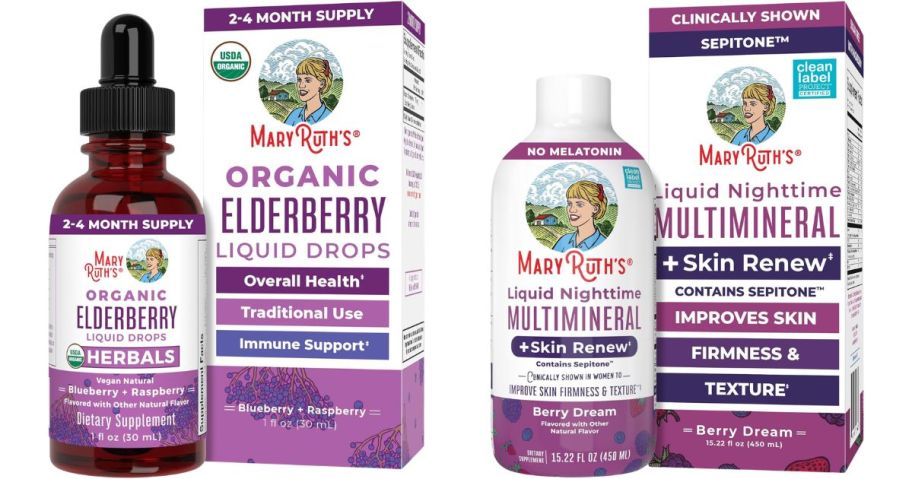 MaryRuth Organics Elderberry Liquid Drops and Liquid Nighttime Liquid Multimineral + Skin Renew