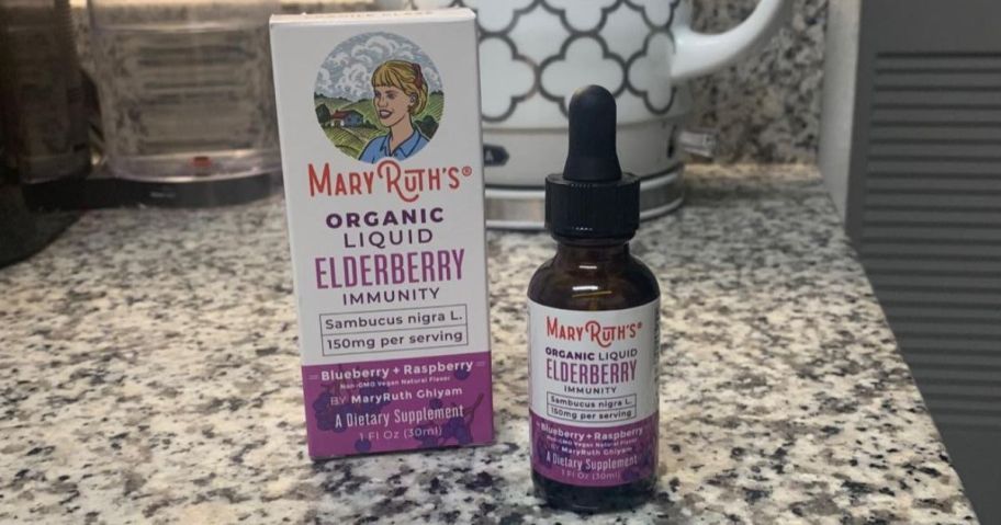MaryRuth Organics Elderberry Liquid Drops bottle and box on counter