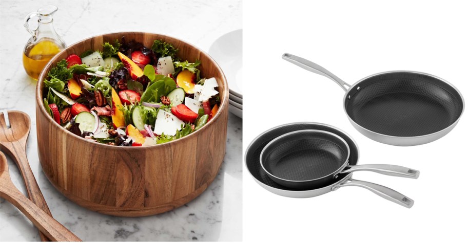 Member's Mark Acacia Wood Salad Bowl with Servers and Member's Mark 3-Piece Hybrid Fry Pan Set