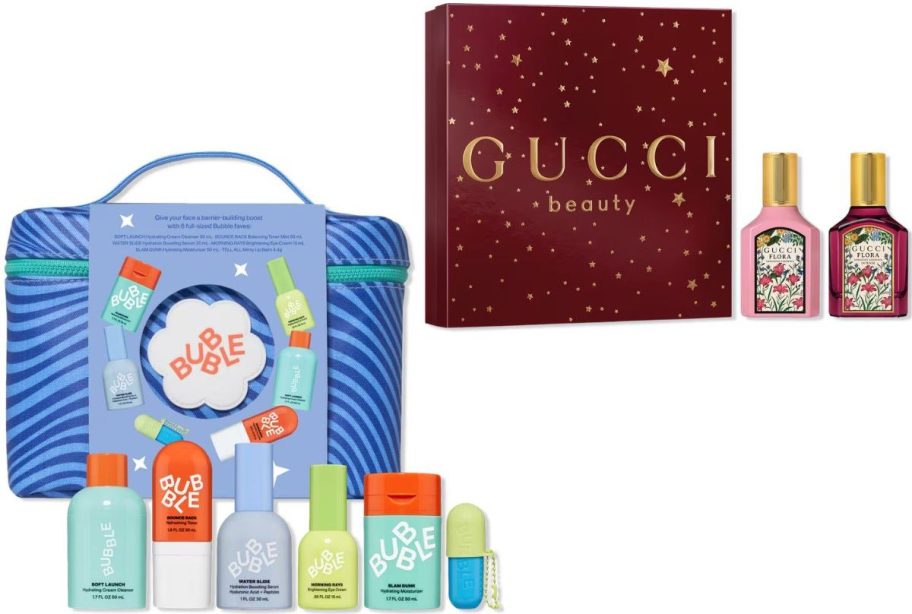 Stock images of a Bubble Skin Care Set and Gucci Perfume Set