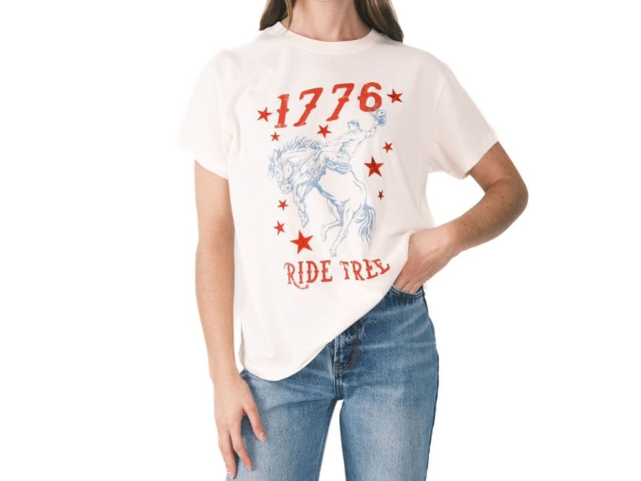woman wearing Mighty Fine Women's Americana Graphic T-Shirt