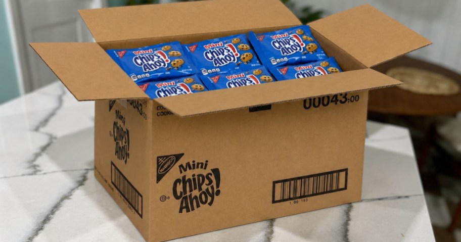 Large box of mini chips, ahoy cookies on kitchen countertop