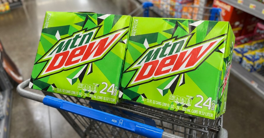 two large green boxes of Mountain Dew Soda in shopping cart