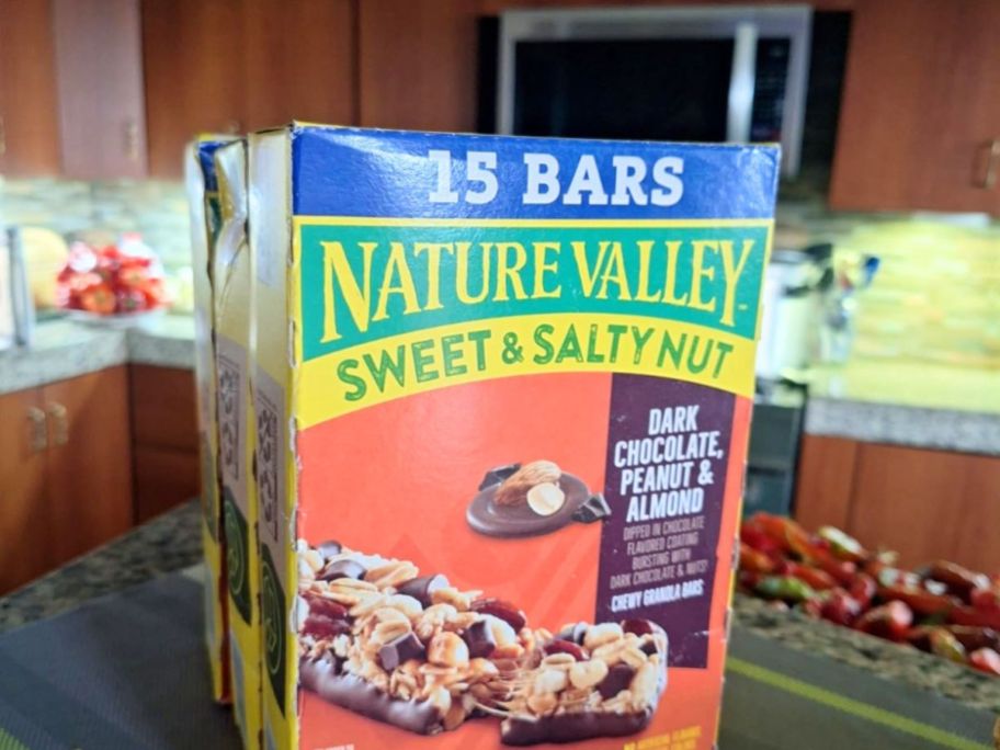 Nature Valley Sweet & Salty Nut Dark Chocolate Peanut Almond Granola Bars 15-Count box in kitchen