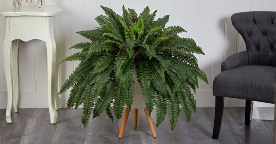 Nearly Natural Boston Fern in living room