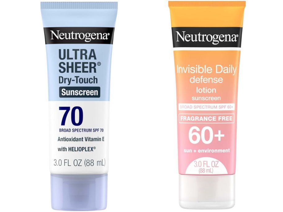 Neutrogena Ultra Sheer Dry-Touch Sunscreen Lotion SPF 70 3oz and Invisible Daily Defense Fragrance-Free Sunscreen Lotion SPF 60+ 3oz