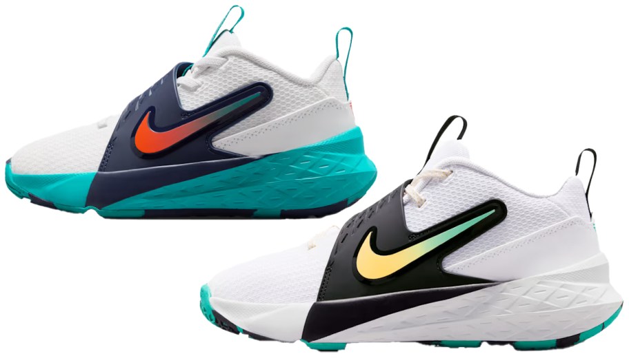 two white and teal basketball shoes