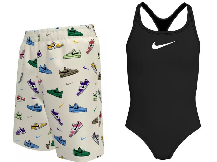 Stock images of Nike Swim Trunks and a One-Piece Bathing Suit