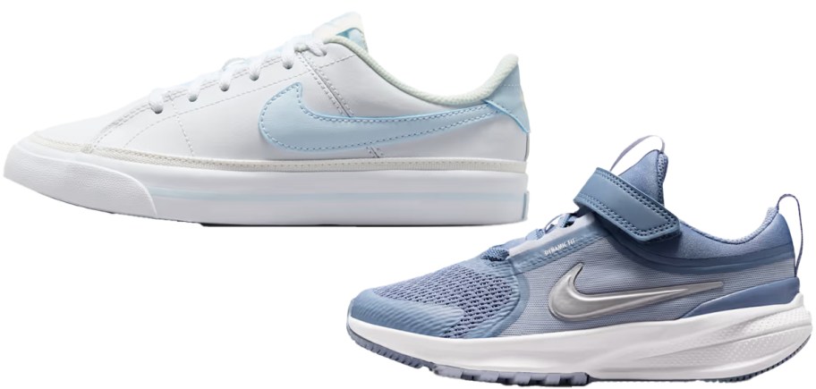 two white and blue nike shoes