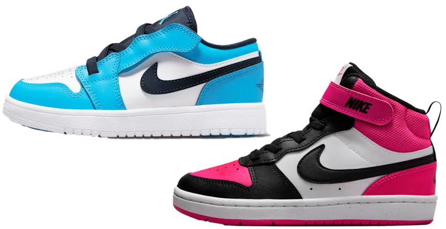 blue/white and pink/black nike kids sneakers
