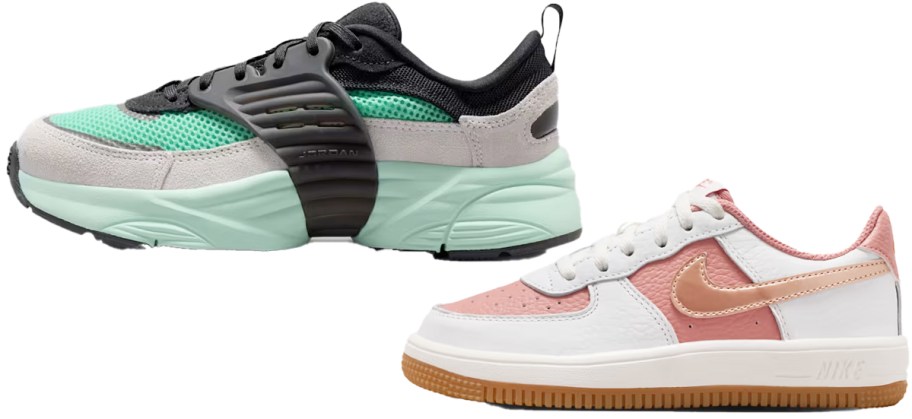 green/black and white/pink nike shoes