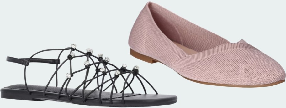 black caged strap sandal and pink ballet flat