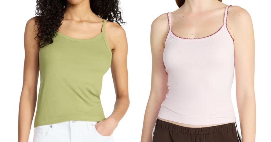 two women wearing No Boundaries Ribbed Cami Top and Pointelle Tank Top