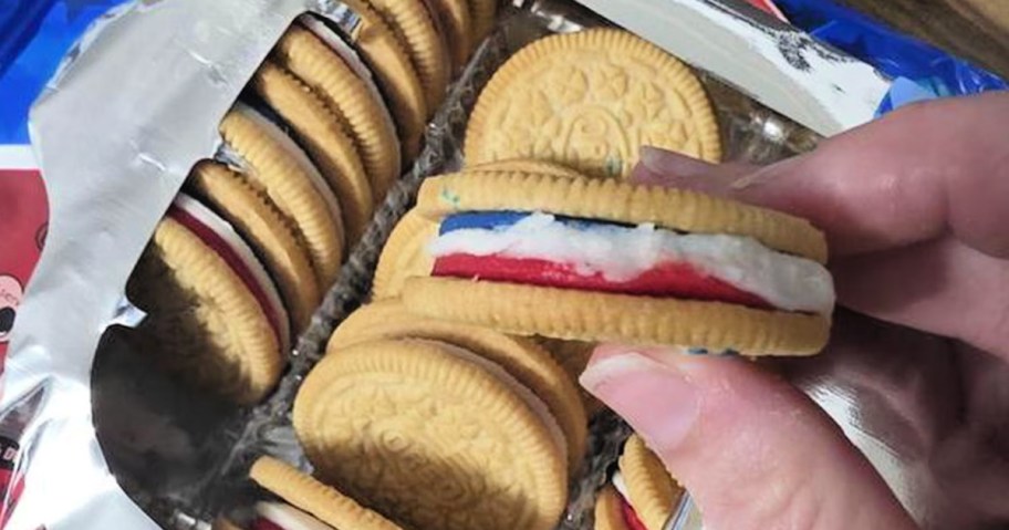 Hand holding Oreo, firecracker cookies