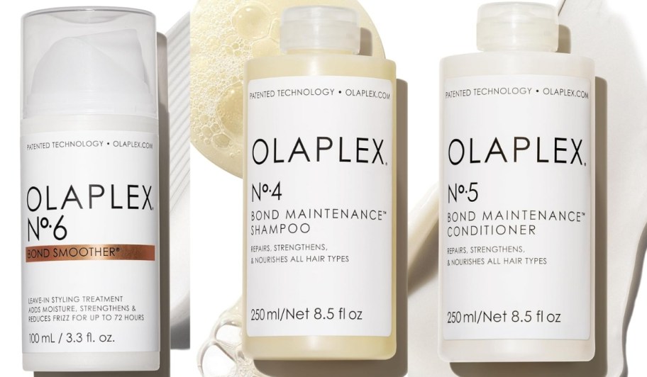 stock images of olaplex bond smoother and shampoo and conditioner bottles