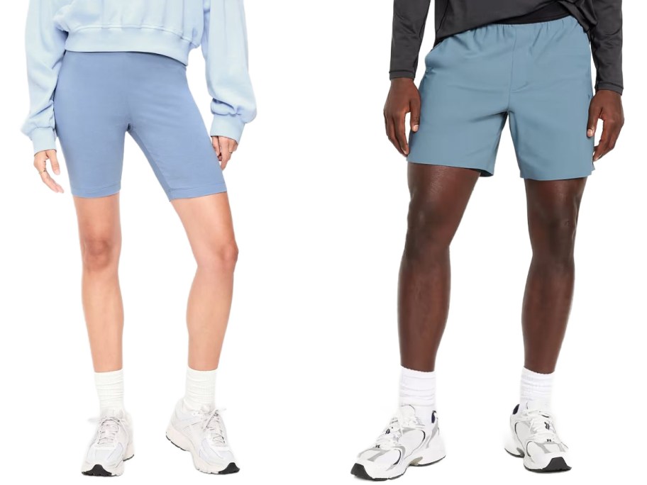Stock images of a women and a man wearing old navy shorts