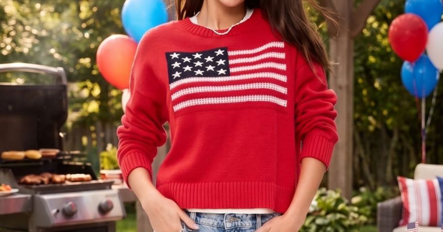 woman wearing Old Navy Women's Seaside Cotton Long-Sleeve Flag Sweater at 4th of july party
