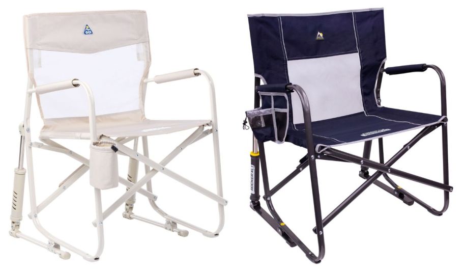 two Outdoor rocker chairs in beige and blue