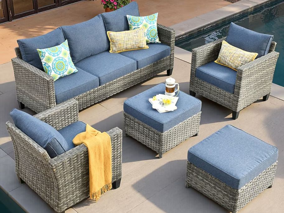 Ovios New Vultros 5 -Piece Rattan Patio Sofa Conversation Set with Blue Cushions