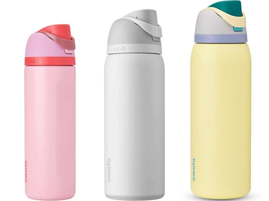 pink, white, and yellow owala tumblers