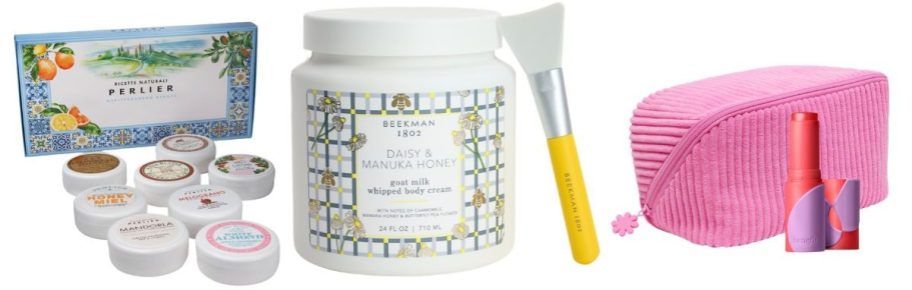 Perlier Mini Body Cream 8-Piece Set, Beekman 1802 Supersize Body Cream w Spatula, and Benefit Cosmetics Juice Stick Cream Blush & Bag Set