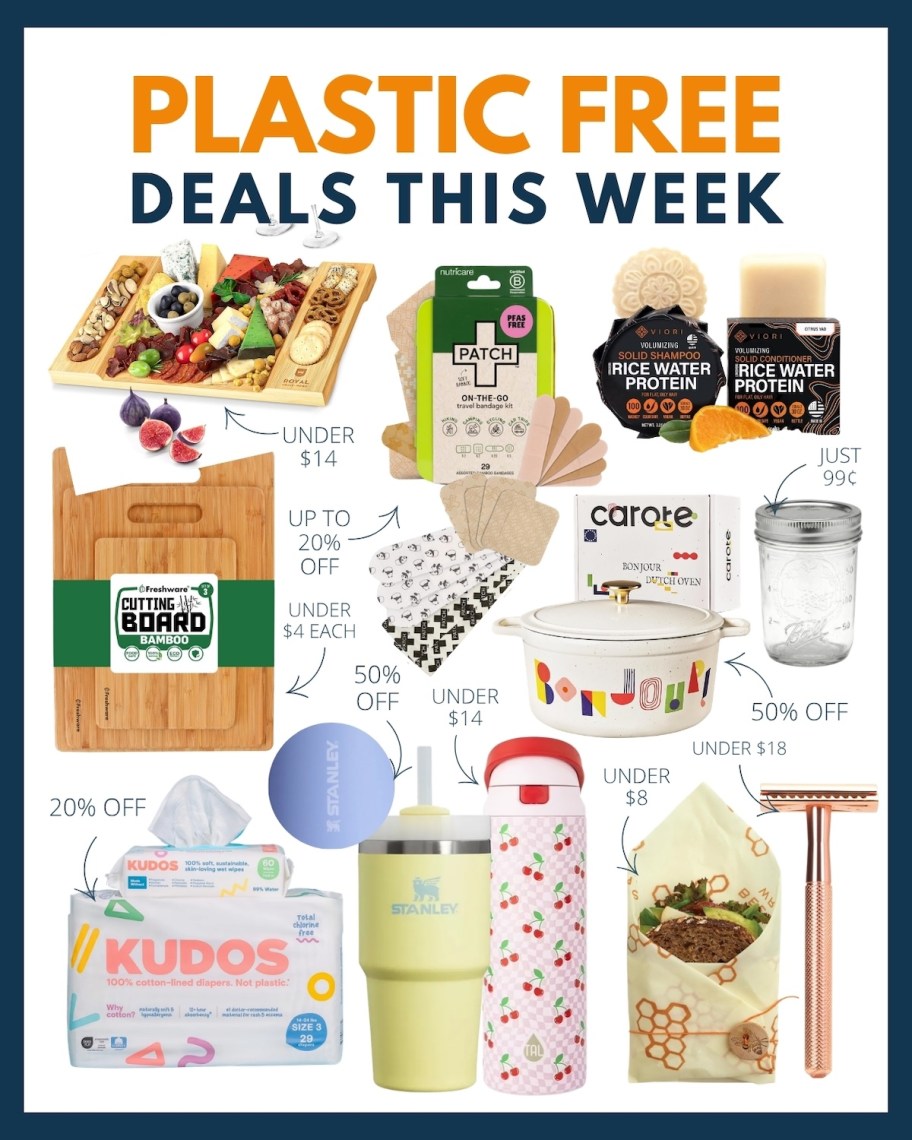 this weeks plastic free deals collage graphic of various eco friendly items on sale