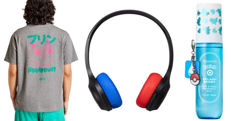 Pokémon Adult Jigglypuff Graphic Print Short Sleeve Crewneck T-Shirt, Pikachu Wireless Headphones, and NatureWell Women's Fragrance Mist