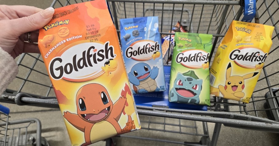 person holding pokemon goldfish cracker bag with 3 others in cart with Pikachu, Charmander, Bulbasaur, and Squirtle characters on the bag