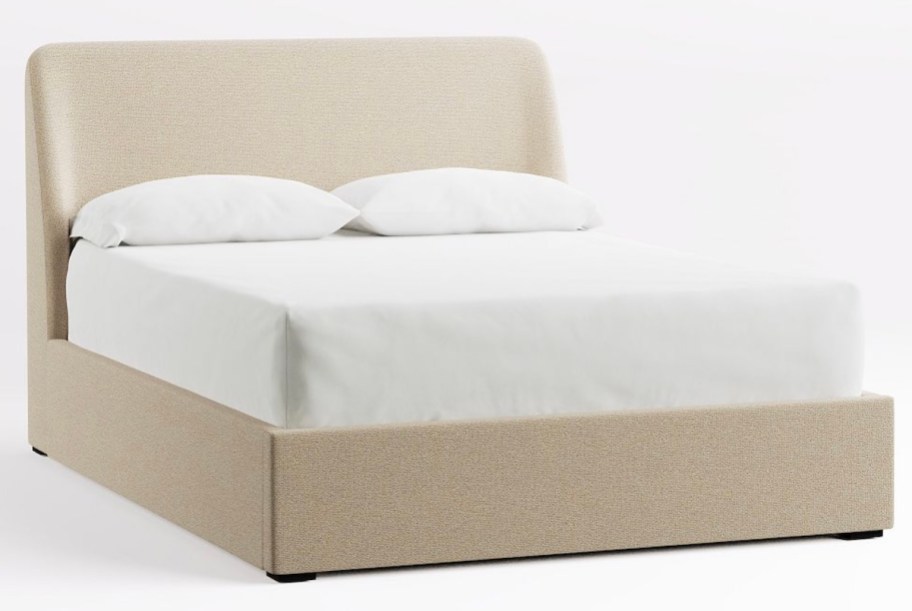 stock photo of boucle curved headboard bedframe