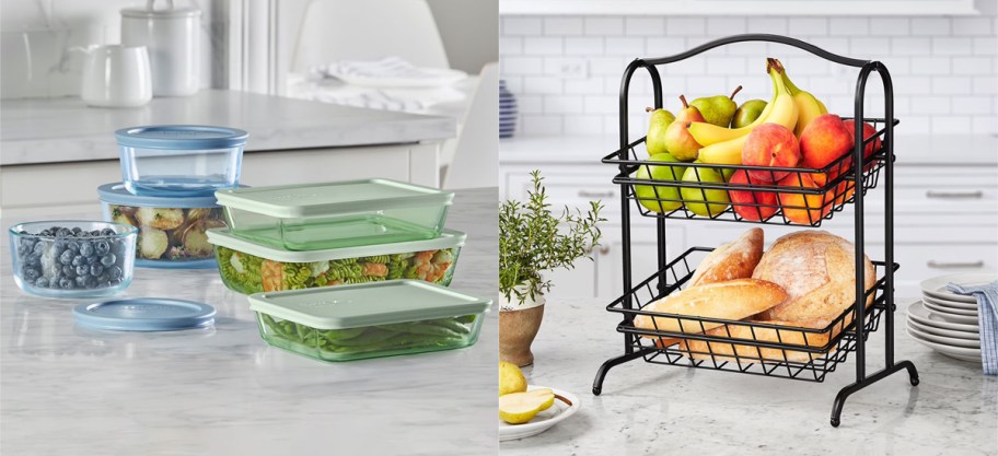 Pyrex Simply Store Tinted 12-Piece Glass Food Storage Container Set and Member's Mark 2-Tier Fruit Basket Stand