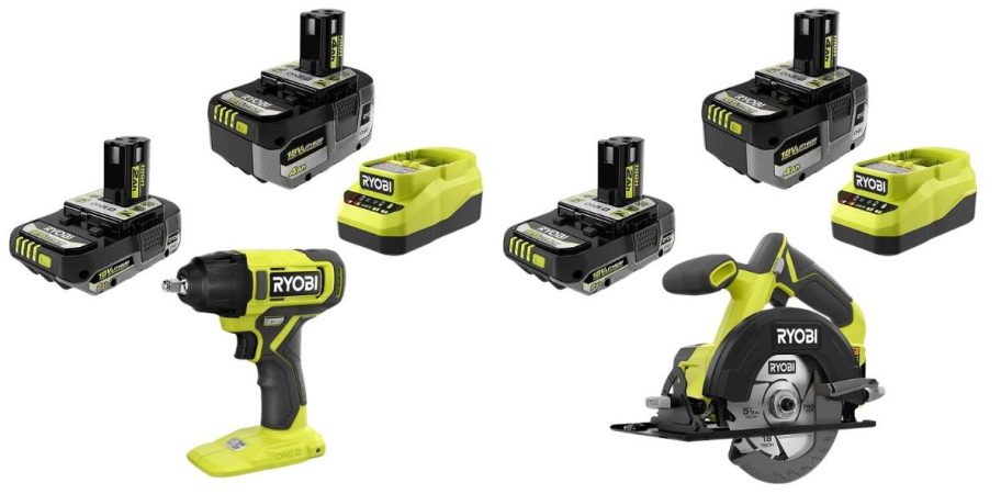 RYOBI ONE+ 18V Cordless 38 Impact Wrench Kit w 4Ah Battery, 2Ah Battery, & Charger and Lithium-Ion Cordless Circular Saw Kit w 4 Ah Battery, 2 Ah Battery & 2A Charger
