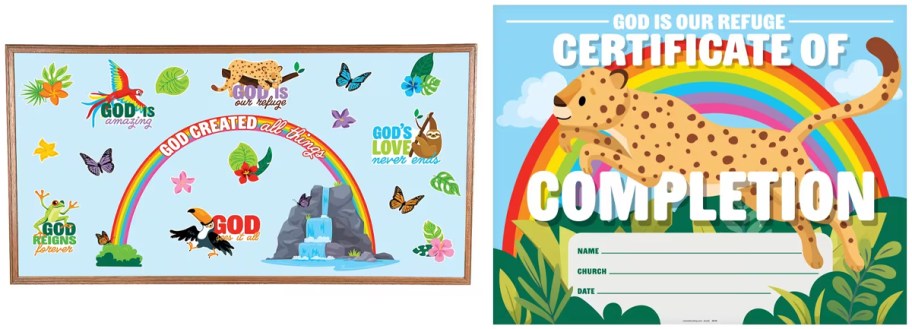 Rainforest VBS Classroom 27-Piece Bulletin Board Set and Rainforest VBS Certificates of Completion 25-Pack
