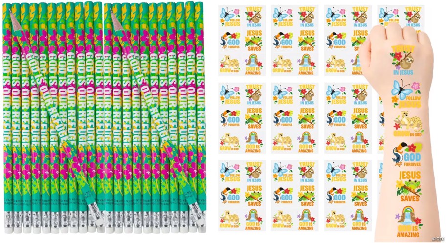 Rainforest VBS Wooden God is Our Refuge Pencils 24-Pack and Rainforest VBS Animal Temporary Tattoos 72-Pack