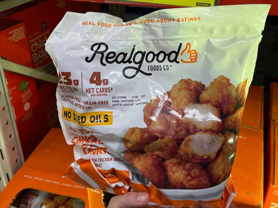 Real Good Foods Lightly Breaded Frozen Chicken Breast Chunks 3lb bag in store
