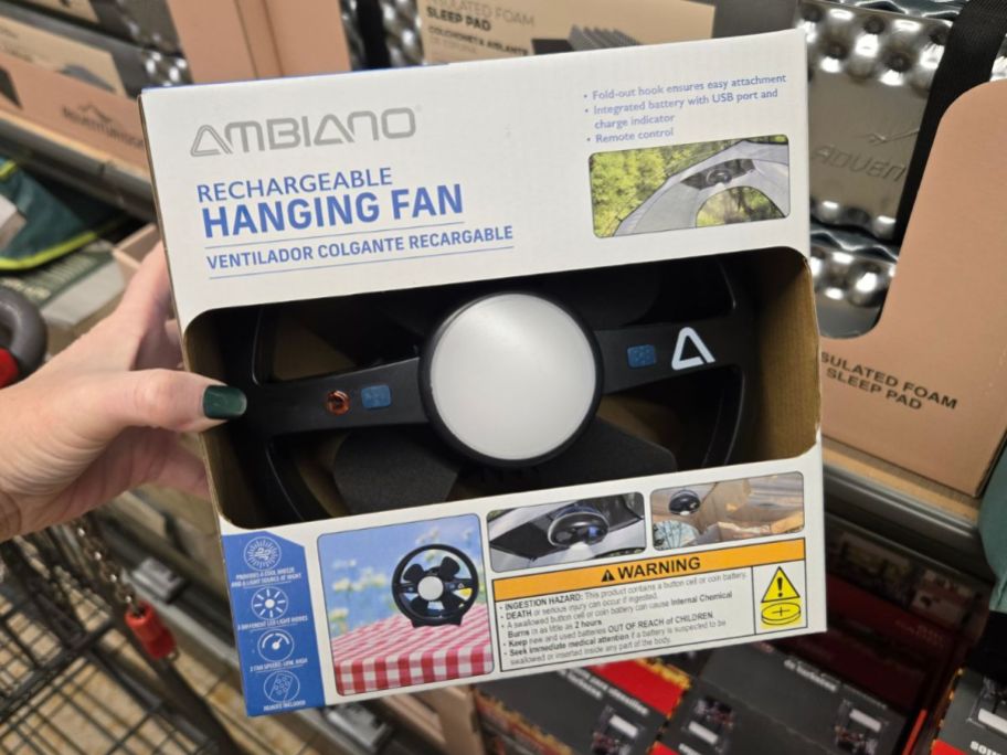 Rechargeable Hanging Fan in hand in store